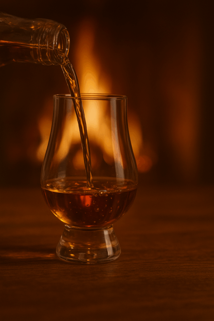 Whiskyglas wird vor einem Kaminfeuer eingeschenkt